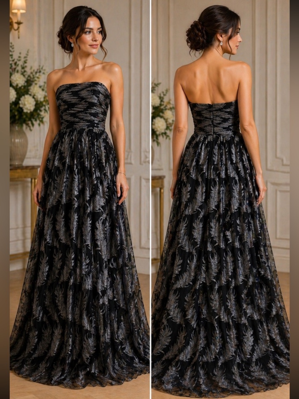 David Meister strapless feather embellished fit and flare mesh long gown - Picture 3 of 17